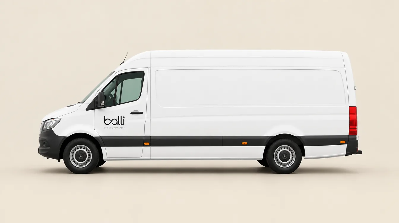 Weißer balli Sprinter mit Hochdach in der Seitenansicht, balli-Logo auf der Fahrertür