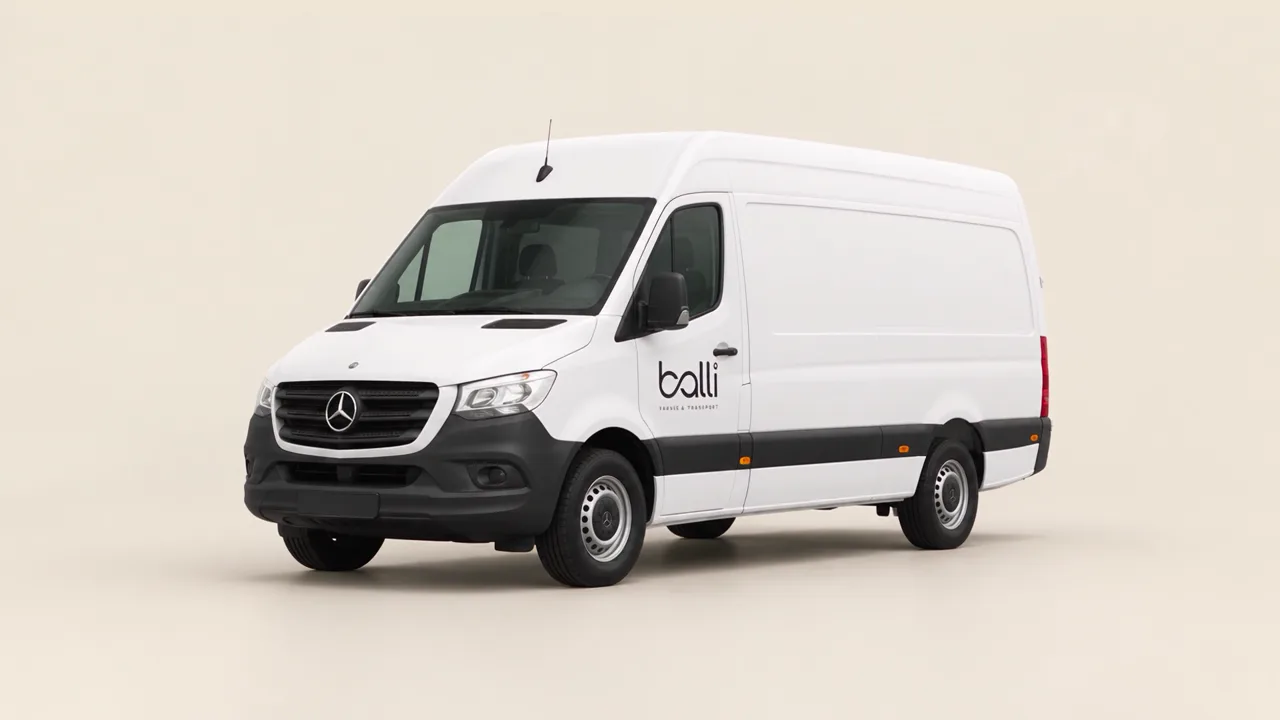 Weißer balli Sprinter geparkt, schräg von vorne, mit balli-Logo auf der Tür